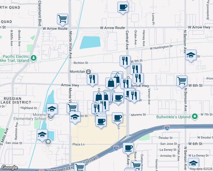 map of restaurants, bars, coffee shops, grocery stores, and more near 5151 East Arrow Highway in Montclair