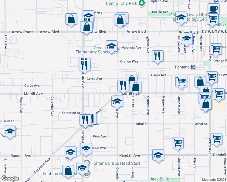 map of restaurants, bars, coffee shops, grocery stores, and more near 16296 Merrill Avenue in Fontana