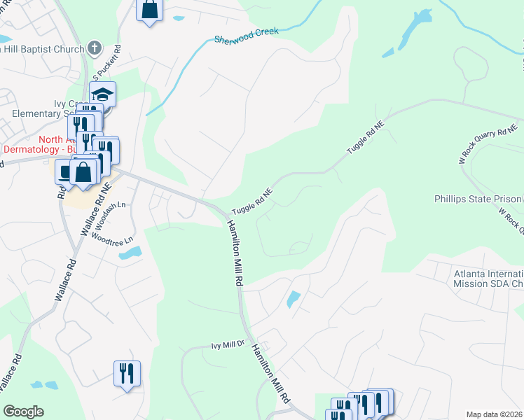 map of restaurants, bars, coffee shops, grocery stores, and more near 3591 Tuggle Road Northeast in Buford