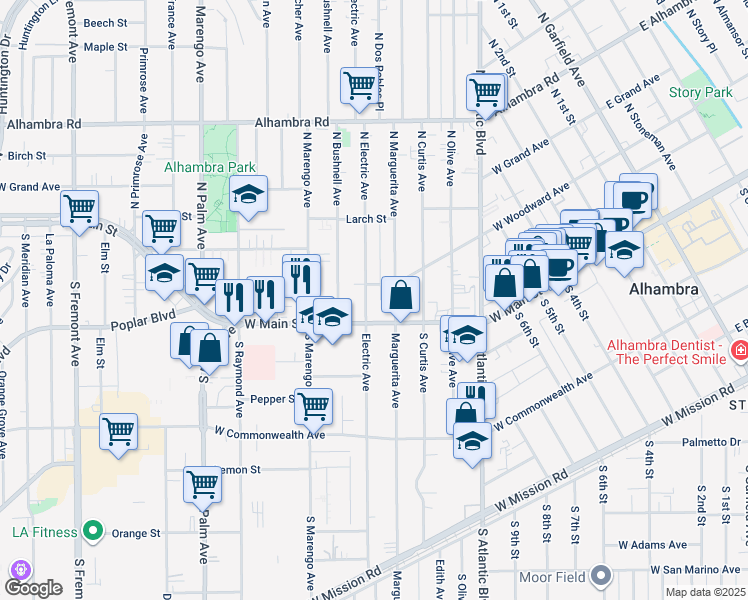 map of restaurants, bars, coffee shops, grocery stores, and more near 19 North Marguerita Avenue in Alhambra