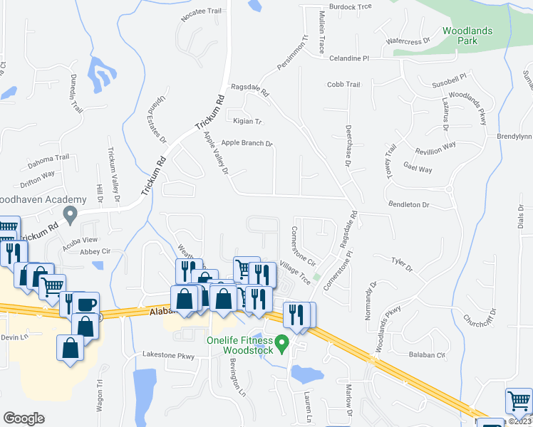 map of restaurants, bars, coffee shops, grocery stores, and more near 240 Weatherstone Drive in Woodstock