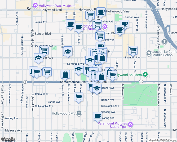 map of restaurants, bars, coffee shops, grocery stores, and more near 1144 North Cahuenga Boulevard in Los Angeles