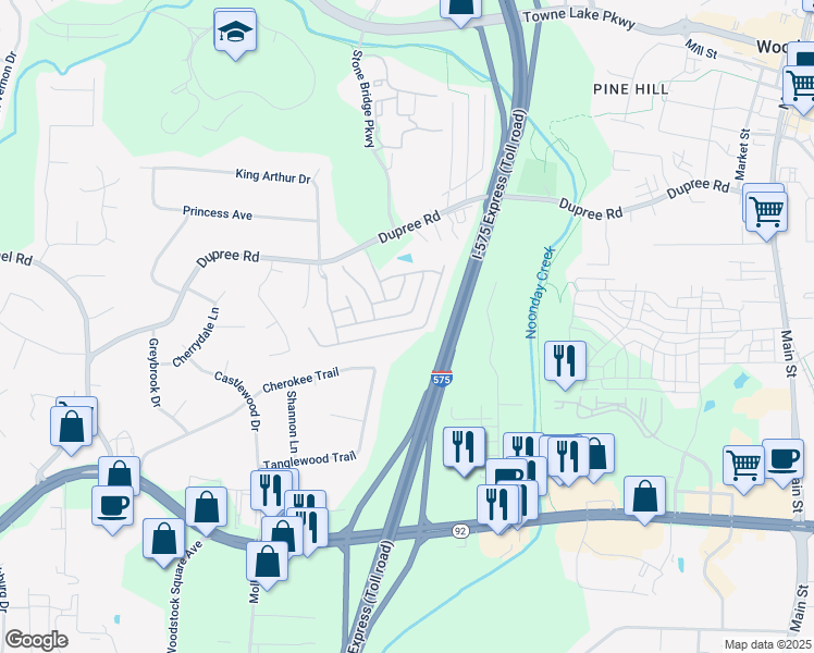 map of restaurants, bars, coffee shops, grocery stores, and more near 698 Stickley Oak Way in Woodstock
