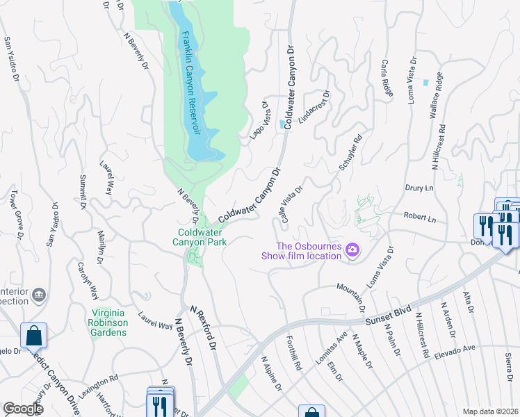 map of restaurants, bars, coffee shops, grocery stores, and more near 1126 Coldwater Canyon Drive in Beverly Hills