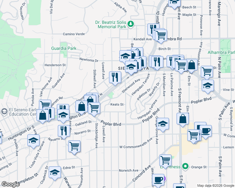 map of restaurants, bars, coffee shops, grocery stores, and more near 3227 Sherwood Avenue in Alhambra