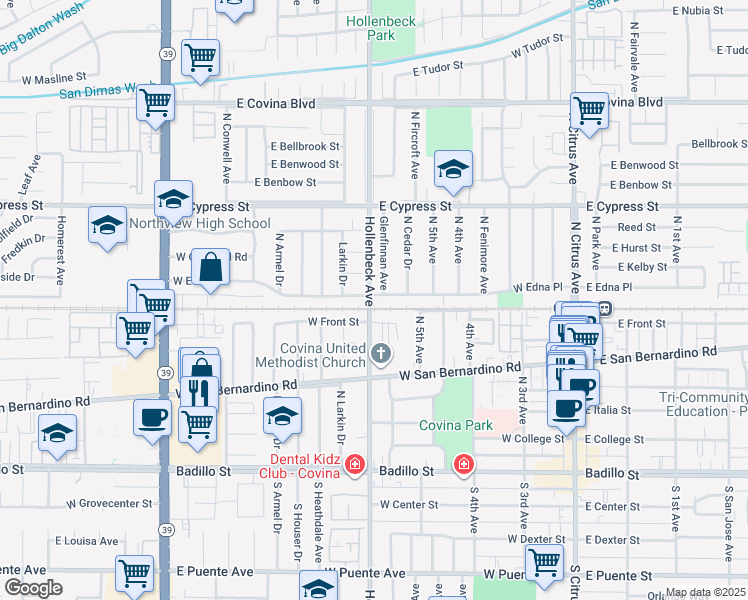 map of restaurants, bars, coffee shops, grocery stores, and more near 17940 East Edna Place in Covina