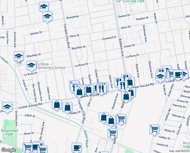 map of restaurants, bars, coffee shops, grocery stores, and more near 4923 Golden West Avenue in Temple City