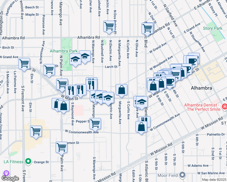 map of restaurants, bars, coffee shops, grocery stores, and more near in Alhambra