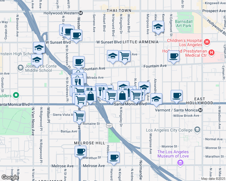 map of restaurants, bars, coffee shops, grocery stores, and more near 1160 North Hobart Boulevard in Los Angeles