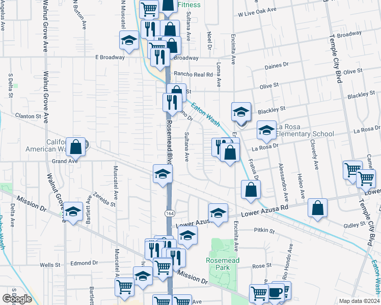 map of restaurants, bars, coffee shops, grocery stores, and more near 5056 Sultana Avenue in Temple City
