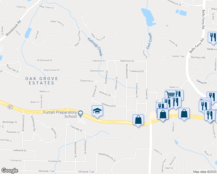 map of restaurants, bars, coffee shops, grocery stores, and more near 5674 Goldfield Drive in Acworth