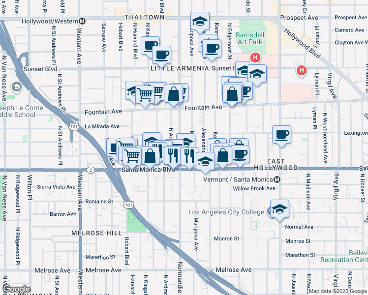 map of restaurants, bars, coffee shops, grocery stores, and more near 1150 North Normandie Avenue in Los Angeles