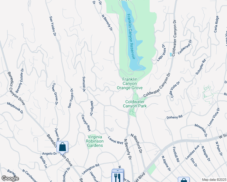 map of restaurants, bars, coffee shops, grocery stores, and more near 1160 Shadow Hill Way in Beverly Hills