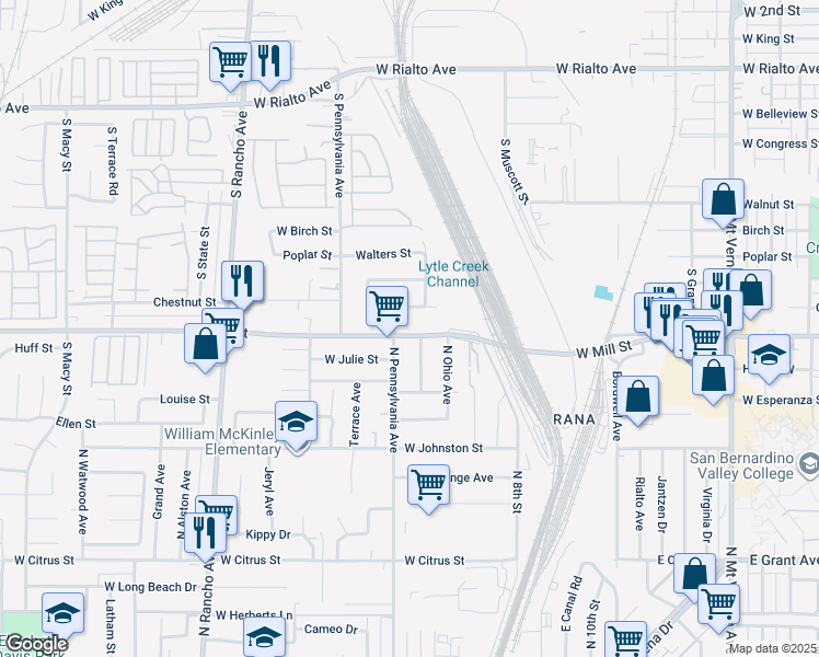 map of restaurants, bars, coffee shops, grocery stores, and more near 371 West Mill Street in Colton