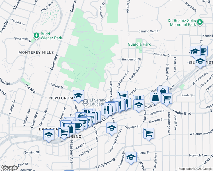 map of restaurants, bars, coffee shops, grocery stores, and more near 4052 Jennings Drive in Los Angeles
