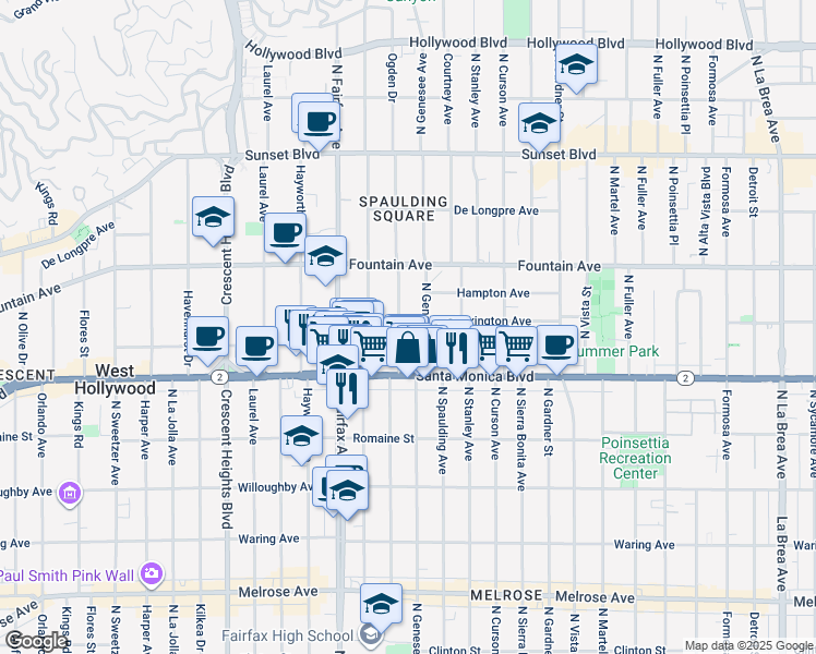 map of restaurants, bars, coffee shops, grocery stores, and more near 1154 North Ogden Drive in West Hollywood