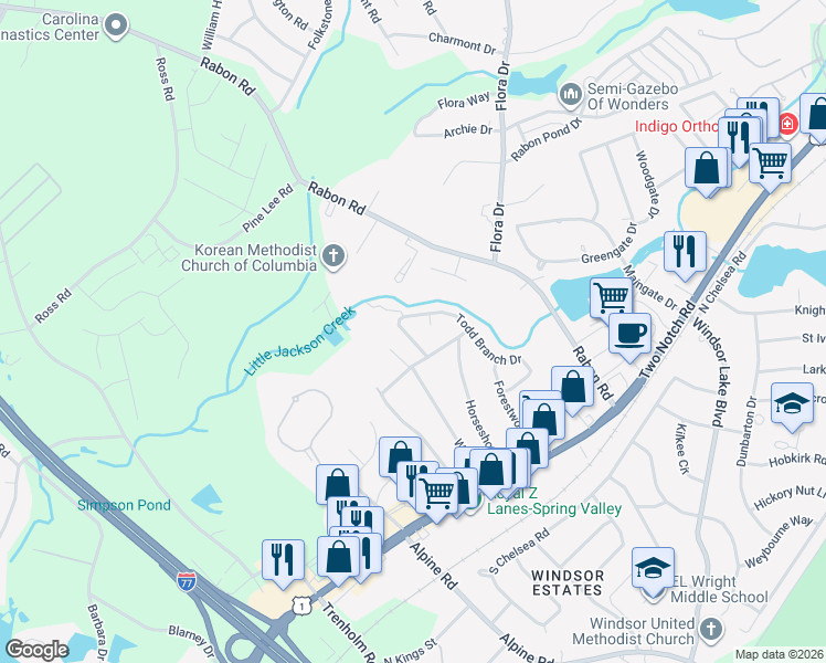 map of restaurants, bars, coffee shops, grocery stores, and more near 117 Quantas Drive in Columbia