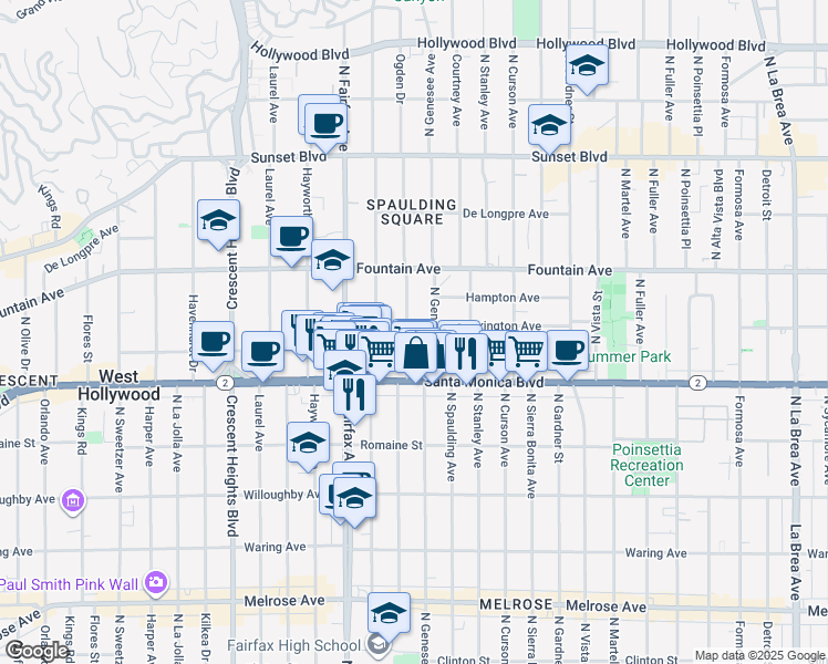 map of restaurants, bars, coffee shops, grocery stores, and more near 1154 North Ogden Drive in West Hollywood