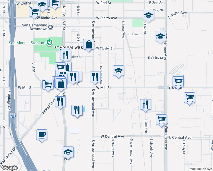 map of restaurants, bars, coffee shops, grocery stores, and more near 201 West Mill Street in San Bernardino