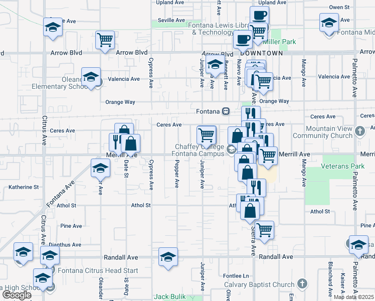 map of restaurants, bars, coffee shops, grocery stores, and more near 8949 Sewell Avenue in Fontana