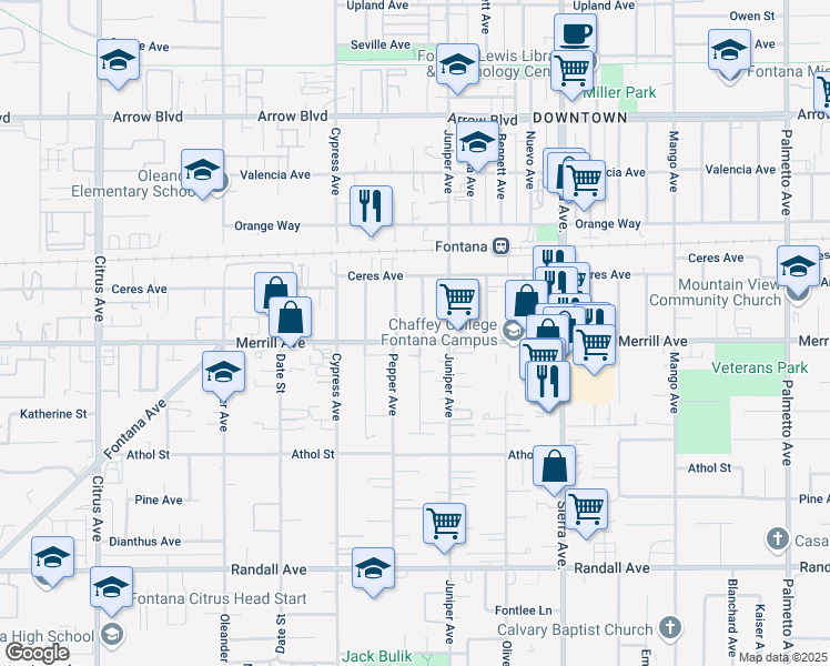 map of restaurants, bars, coffee shops, grocery stores, and more near 8949 Sewell Avenue in Fontana