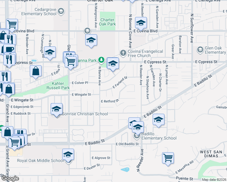 map of restaurants, bars, coffee shops, grocery stores, and more near 615 North Kidder Avenue in Covina