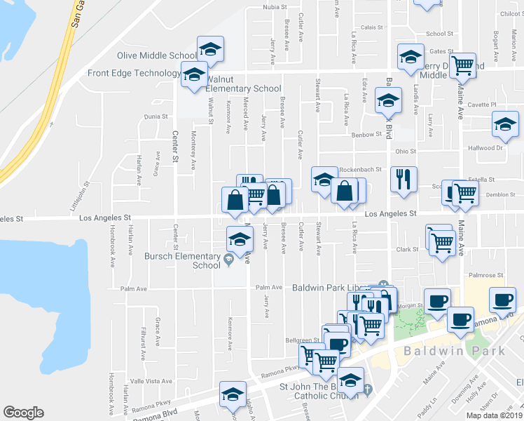 map of restaurants, bars, coffee shops, grocery stores, and more near 13848 Los Angeles Street in Baldwin Park