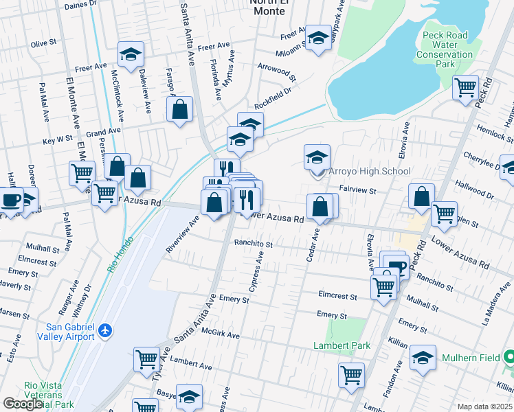 map of restaurants, bars, coffee shops, grocery stores, and more near 11057 Lower Azusa Road in El Monte