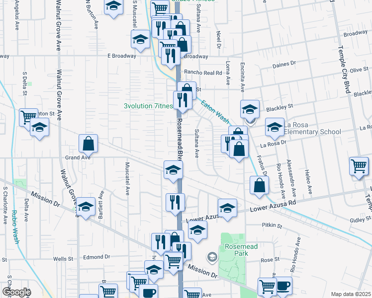 map of restaurants, bars, coffee shops, grocery stores, and more near 5041 Sultana Avenue in Temple City