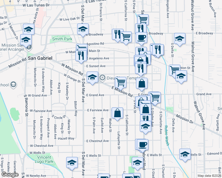 map of restaurants, bars, coffee shops, grocery stores, and more near 826 Lafayette Street in San Gabriel