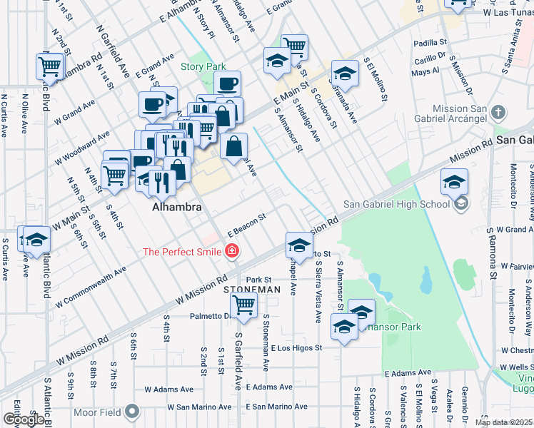 map of restaurants, bars, coffee shops, grocery stores, and more near 120 East Beacon Street in Alhambra