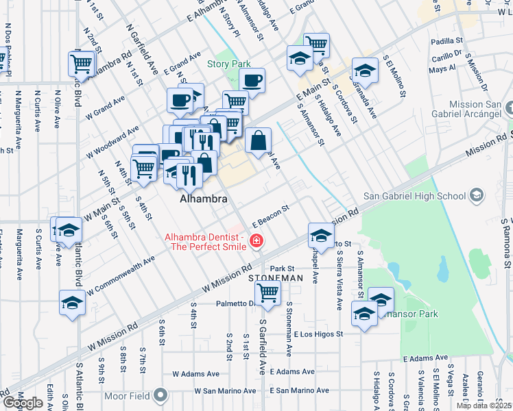 map of restaurants, bars, coffee shops, grocery stores, and more near 21 East Beacon Street in Alhambra