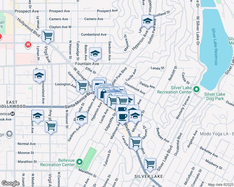 map of restaurants, bars, coffee shops, grocery stores, and more near 1648 Lucile Avenue in Los Angeles
