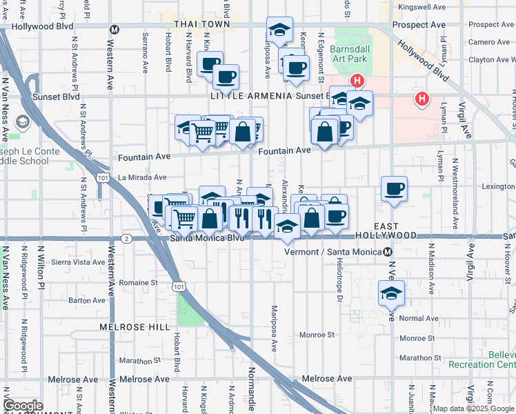 map of restaurants, bars, coffee shops, grocery stores, and more near 1137 North Normandie Avenue in Los Angeles