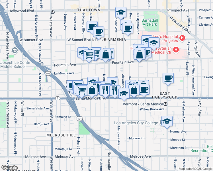 map of restaurants, bars, coffee shops, grocery stores, and more near 1137 North Normandie Avenue in Los Angeles