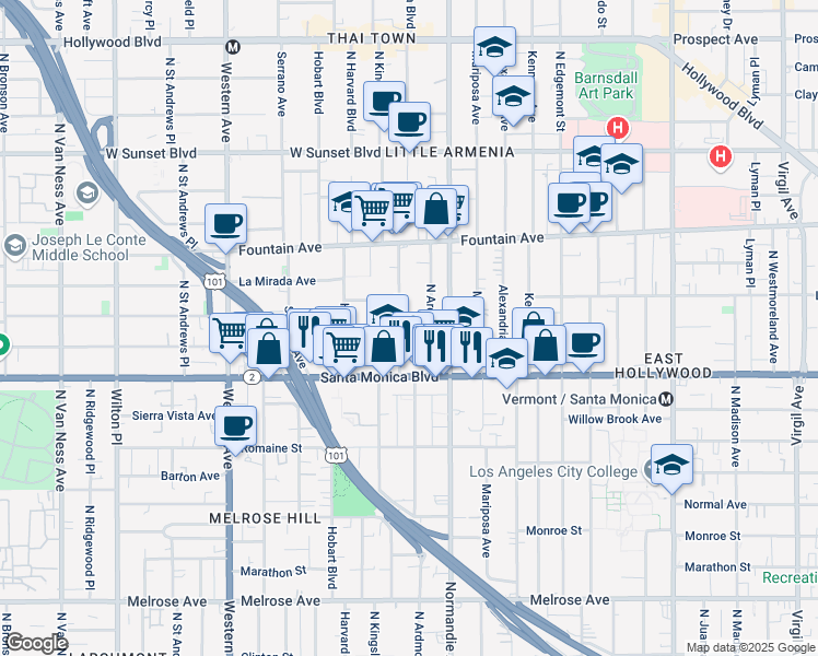 map of restaurants, bars, coffee shops, grocery stores, and more near 1152 North Kingsley Drive in Los Angeles