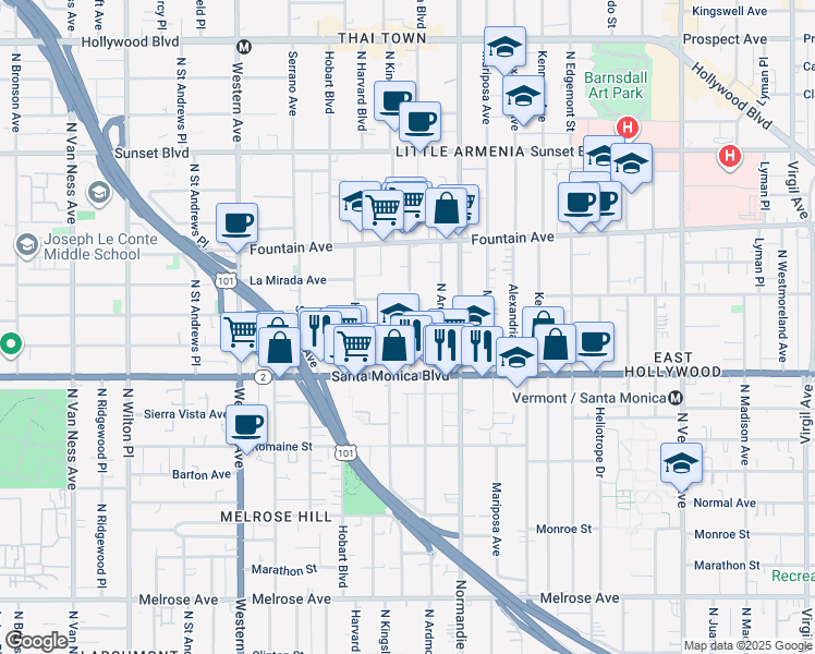 map of restaurants, bars, coffee shops, grocery stores, and more near 1152 North Kingsley Drive in Los Angeles