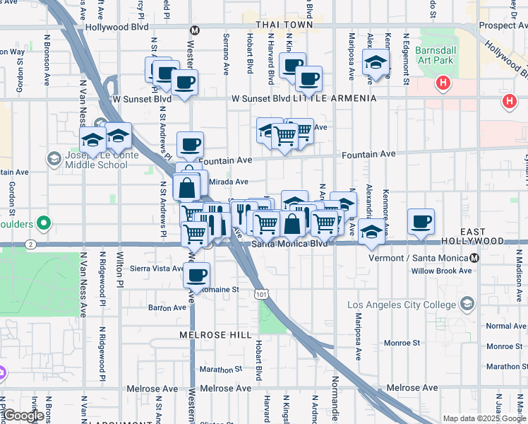 map of restaurants, bars, coffee shops, grocery stores, and more near 5301 Virginia Avenue in Los Angeles