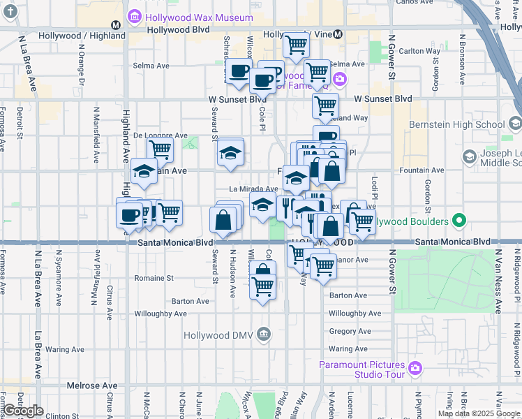 map of restaurants, bars, coffee shops, grocery stores, and more near 6446 Lexington Avenue in Los Angeles