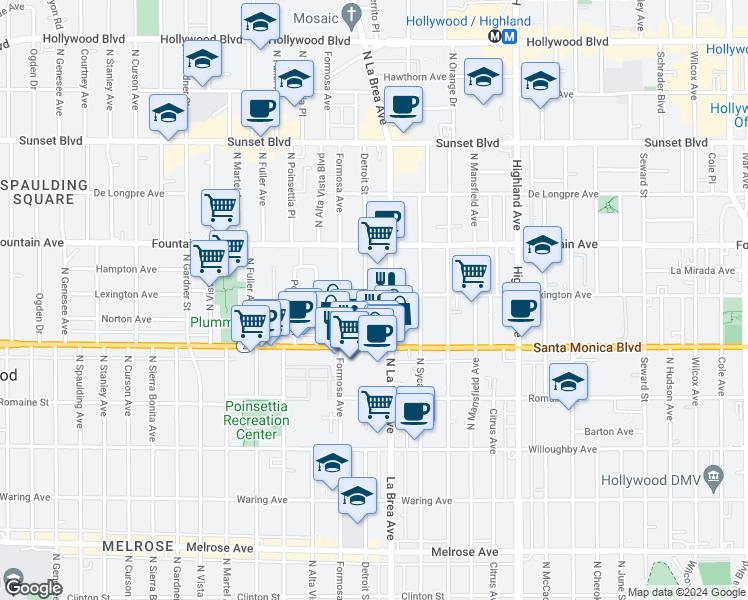 map of restaurants, bars, coffee shops, grocery stores, and more near 1139 North Detroit Street in West Hollywood