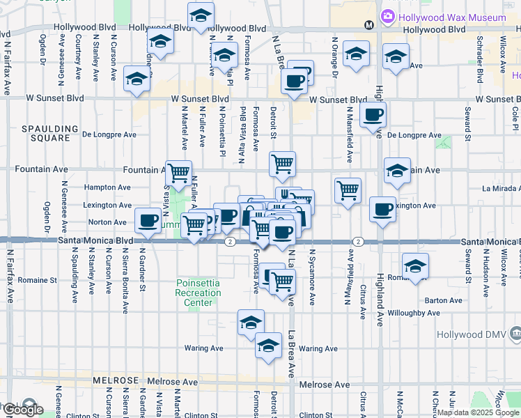 map of restaurants, bars, coffee shops, grocery stores, and more near 1139 North Detroit Street in West Hollywood