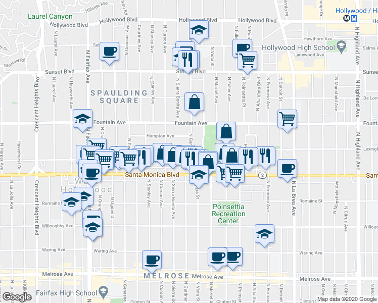 map of restaurants, bars, coffee shops, grocery stores, and more near 1147 North Gardner Street in Los Angeles