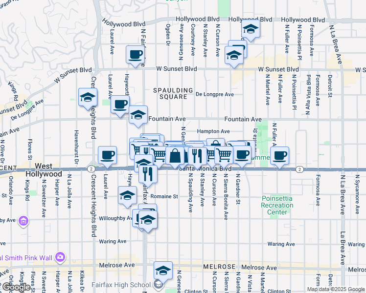 map of restaurants, bars, coffee shops, grocery stores, and more near 7725 Norton Avenue in West Hollywood