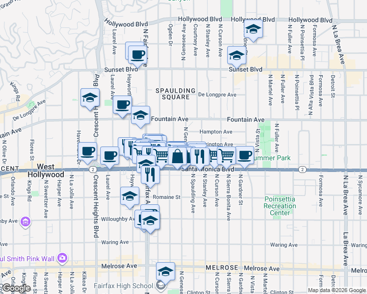 map of restaurants, bars, coffee shops, grocery stores, and more near 1136 North Ogden Drive in West Hollywood