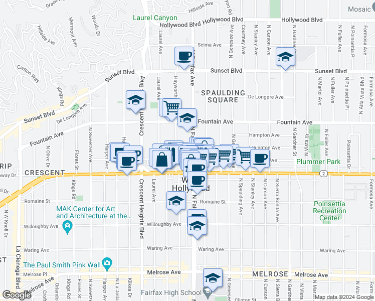 map of restaurants, bars, coffee shops, grocery stores, and more near 7911 Norton Avenue in West Hollywood