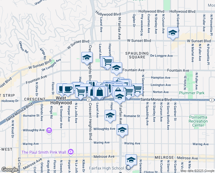 map of restaurants, bars, coffee shops, grocery stores, and more near 7955 Norton Avenue in West Hollywood