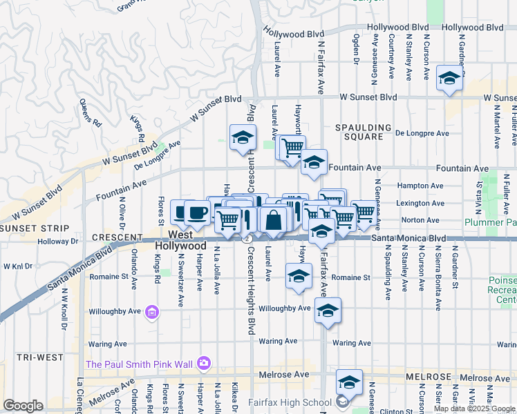 map of restaurants, bars, coffee shops, grocery stores, and more near 8011 Norton Avenue in West Hollywood