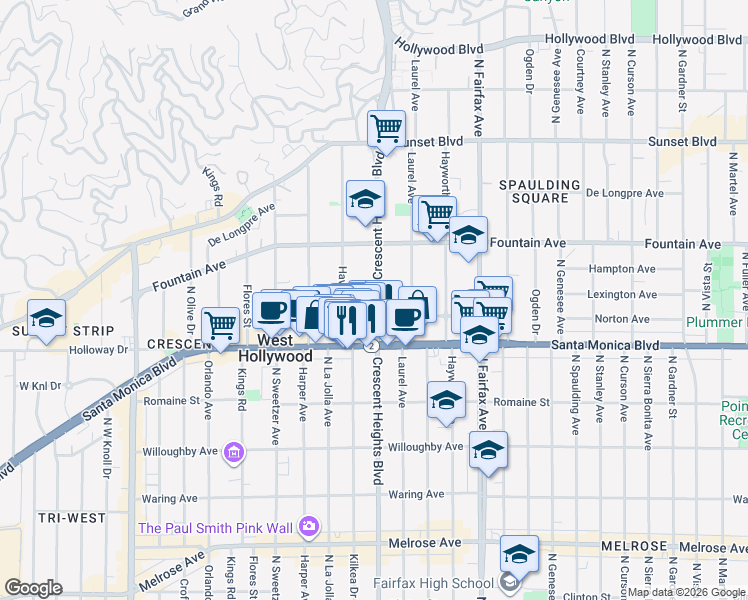 map of restaurants, bars, coffee shops, grocery stores, and more near 8109 1/2 Norton Avenue in West Hollywood