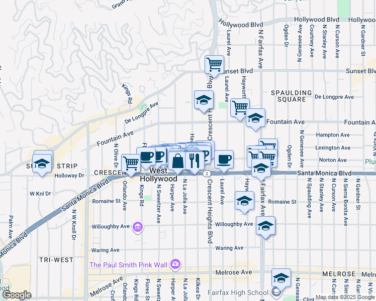 map of restaurants, bars, coffee shops, grocery stores, and more near 8213 Norton Avenue in West Hollywood