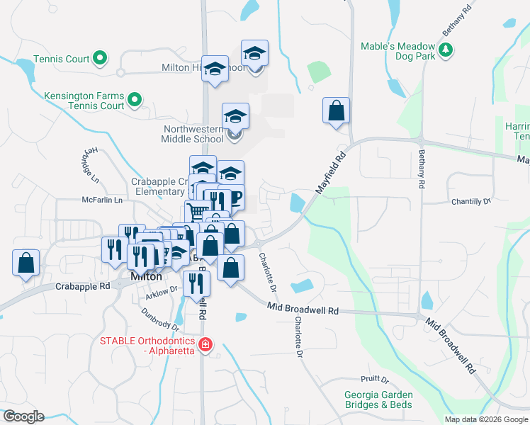 map of restaurants, bars, coffee shops, grocery stores, and more near 900 Mayfield Road in Alpharetta
